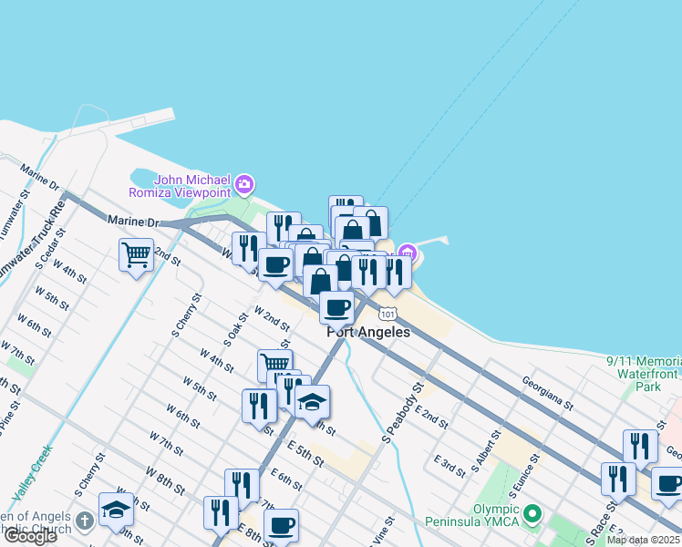 map of restaurants, bars, coffee shops, grocery stores, and more near 111 East Front Street in Port Angeles