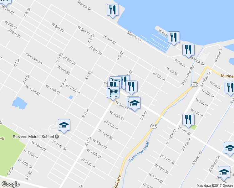 map of restaurants, bars, coffee shops, grocery stores, and more near 816 S C St in Port Angeles