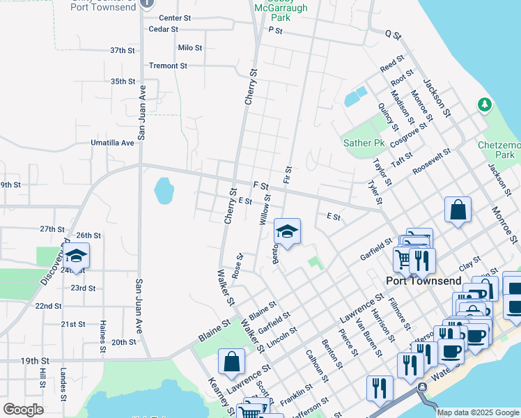 map of restaurants, bars, coffee shops, grocery stores, and more near 521 Willow Street in Port Townsend