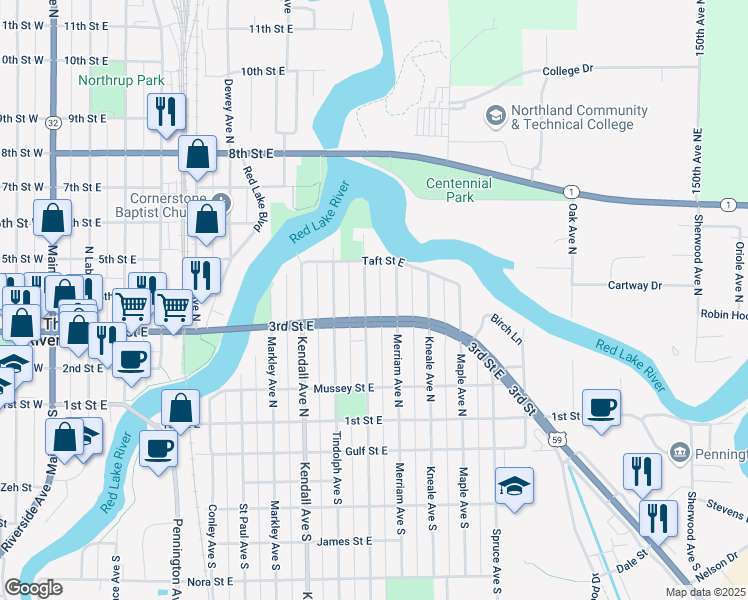 map of restaurants, bars, coffee shops, grocery stores, and more near 322 Crocker Avenue North in Thief River Falls
