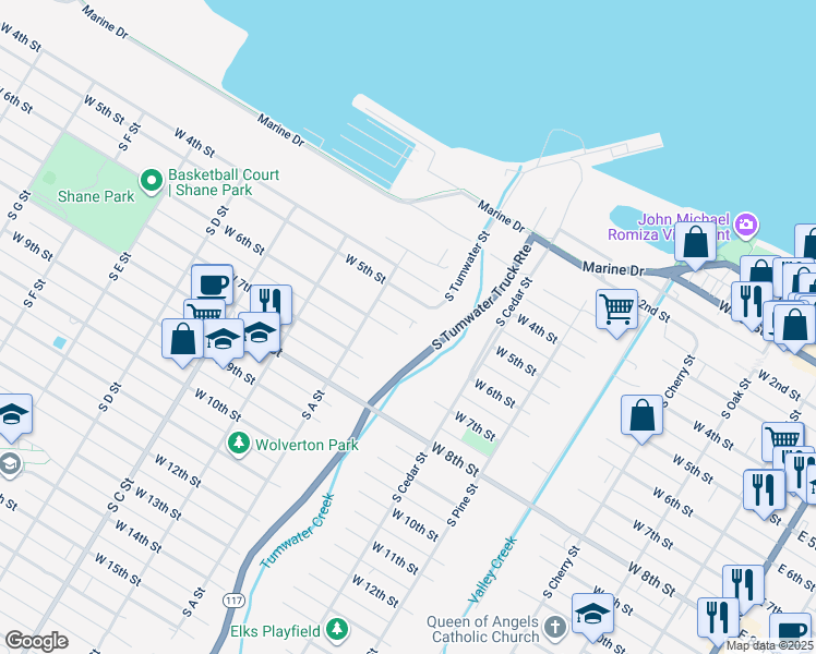 map of restaurants, bars, coffee shops, grocery stores, and more near 711 West 6th Street in Port Angeles