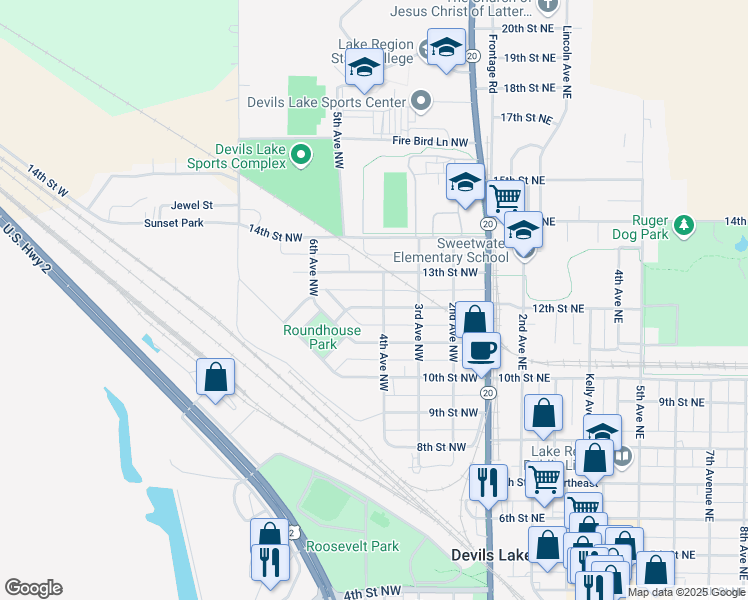 map of restaurants, bars, coffee shops, grocery stores, and more near 405 12th Street Northwest in Devils Lake
