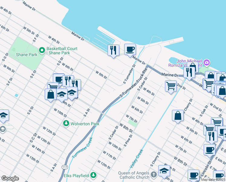 map of restaurants, bars, coffee shops, grocery stores, and more near 711 West 6th Street in Port Angeles