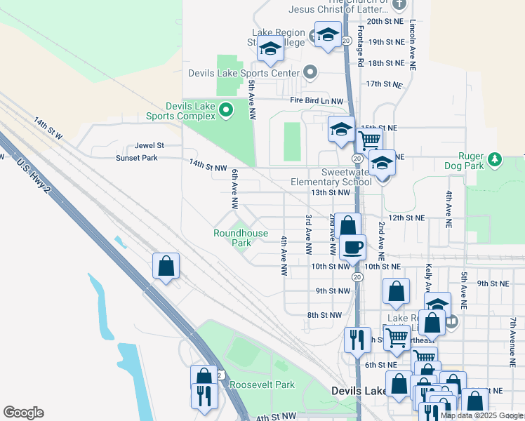 map of restaurants, bars, coffee shops, grocery stores, and more near 405-499 12th Street Northwest in Devils Lake