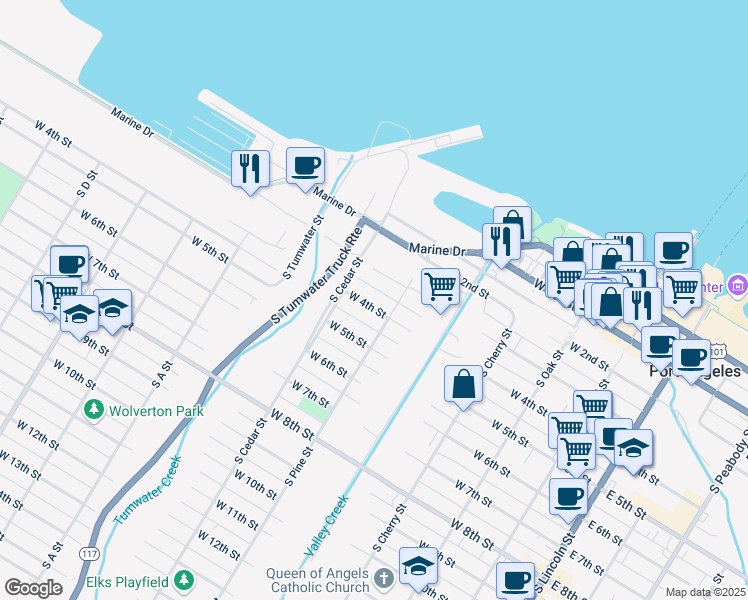 map of restaurants, bars, coffee shops, grocery stores, and more near 503 West 4th Street in Port Angeles