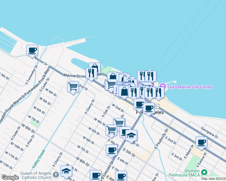 map of restaurants, bars, coffee shops, grocery stores, and more near 215 West 1st Street in Port Angeles