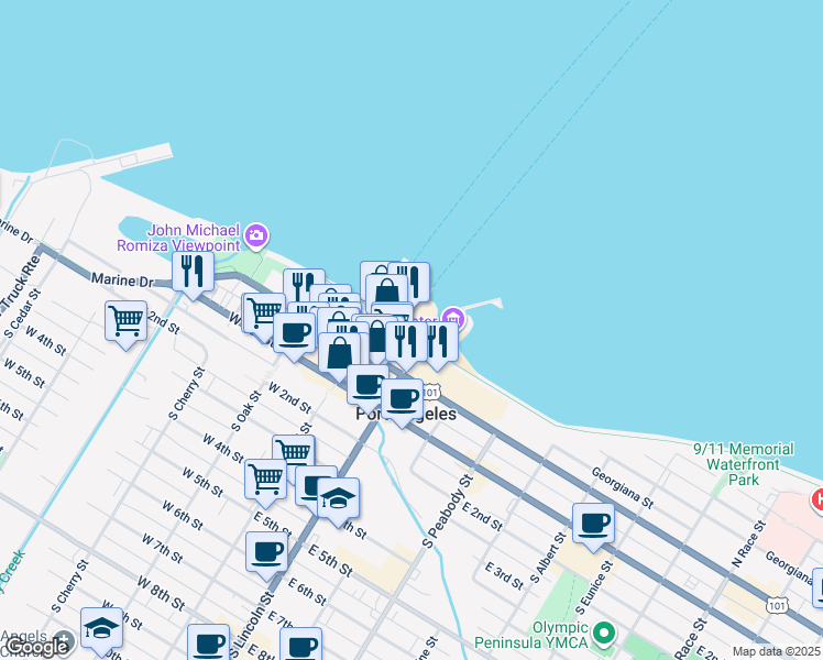 map of restaurants, bars, coffee shops, grocery stores, and more near 121 East Railroad Avenue in Port Angeles