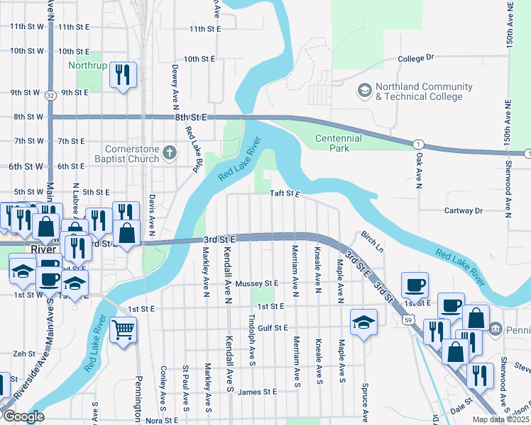map of restaurants, bars, coffee shops, grocery stores, and more near 322 Crocker Avenue North in Thief River Falls