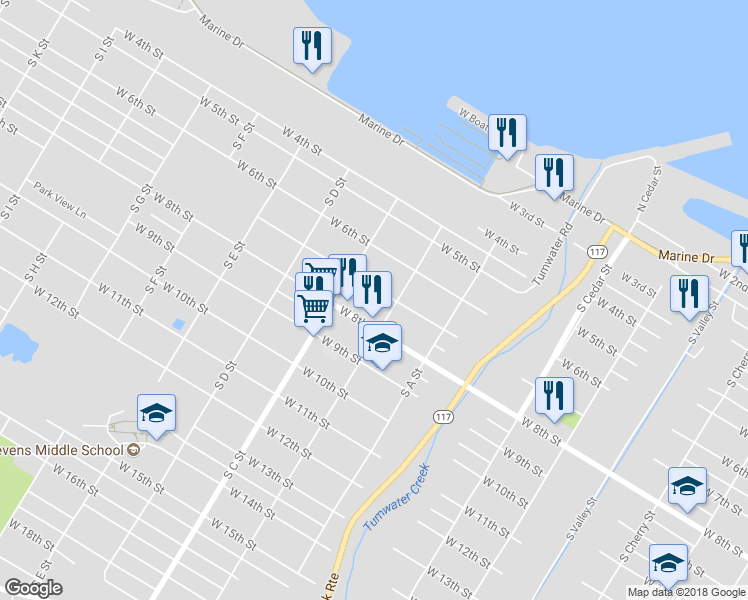 map of restaurants, bars, coffee shops, grocery stores, and more near 916 West 7th Street in Port Angeles