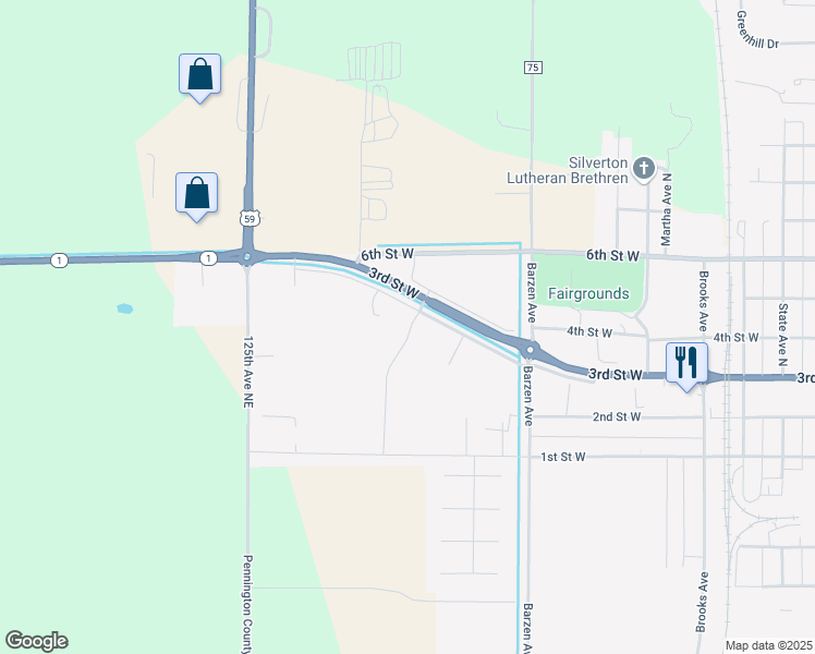 map of restaurants, bars, coffee shops, grocery stores, and more near Ruby Avenue in Thief River Falls