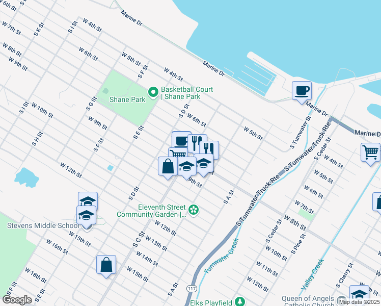 map of restaurants, bars, coffee shops, grocery stores, and more near 816 South C Street in Port Angeles