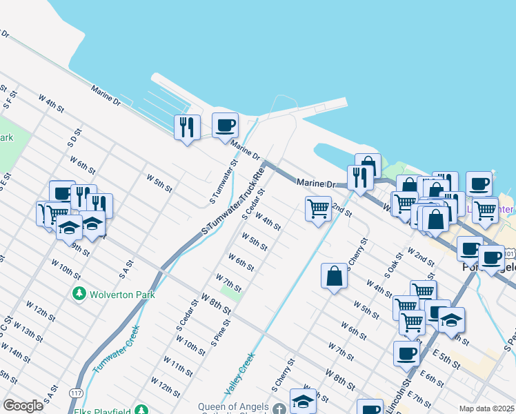 map of restaurants, bars, coffee shops, grocery stores, and more near 532 West 4th Street in Port Angeles