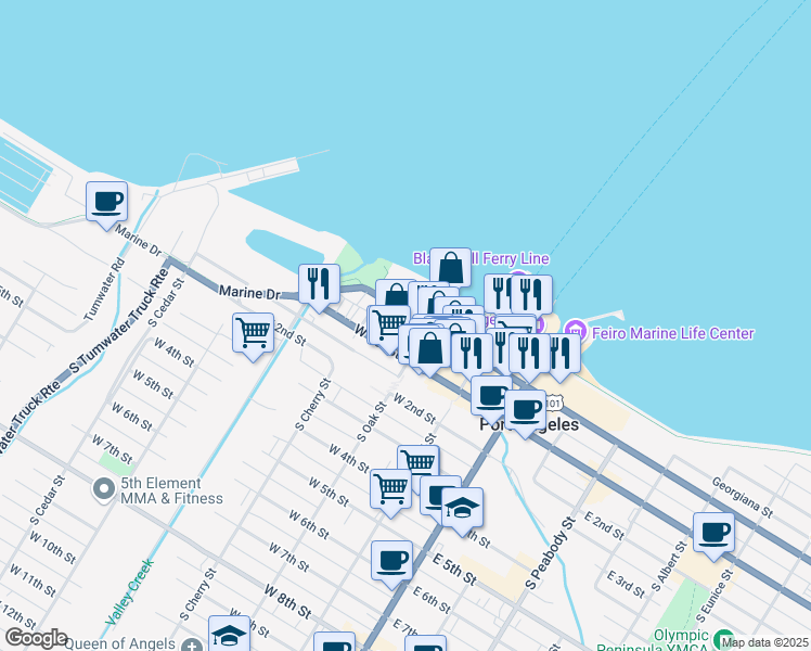 map of restaurants, bars, coffee shops, grocery stores, and more near 240 West Front Street in Port Angeles