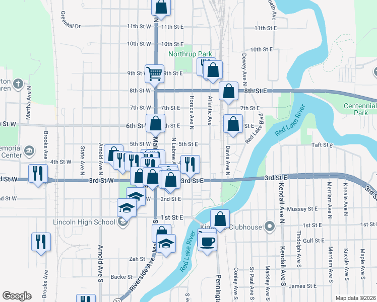 map of restaurants, bars, coffee shops, grocery stores, and more near 415 Horace Avenue North in Thief River Falls
