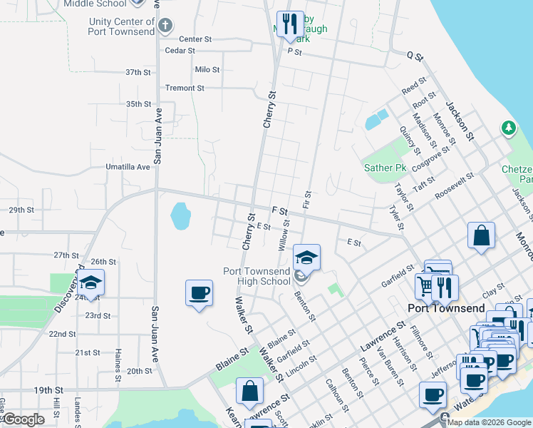 map of restaurants, bars, coffee shops, grocery stores, and more near 885 G Street in Port Townsend