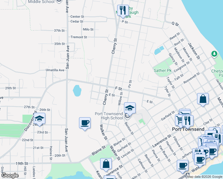 map of restaurants, bars, coffee shops, grocery stores, and more near 885 G Street in Port Townsend
