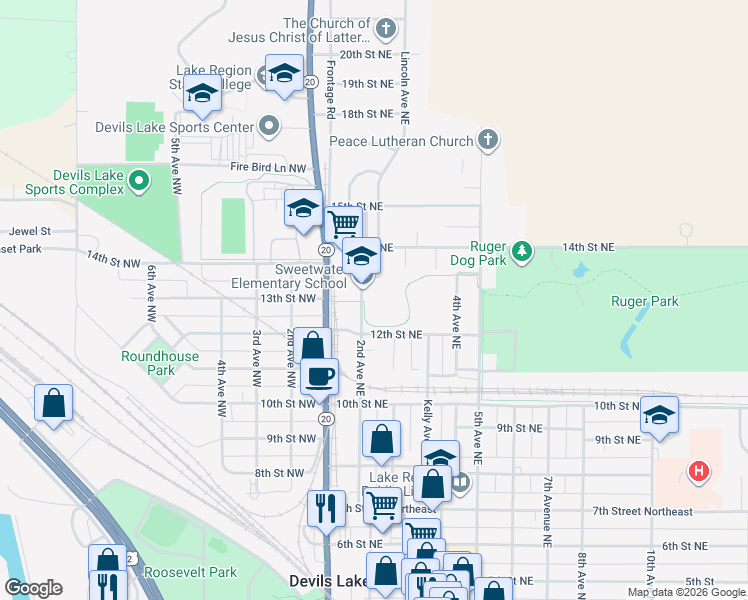 map of restaurants, bars, coffee shops, grocery stores, and more near 1304 2nd Avenue Northeast in Devils Lake