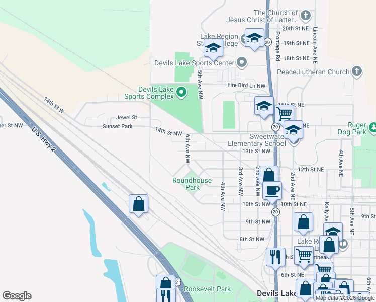 map of restaurants, bars, coffee shops, grocery stores, and more near 6th Avenue Northwest in Devils Lake
