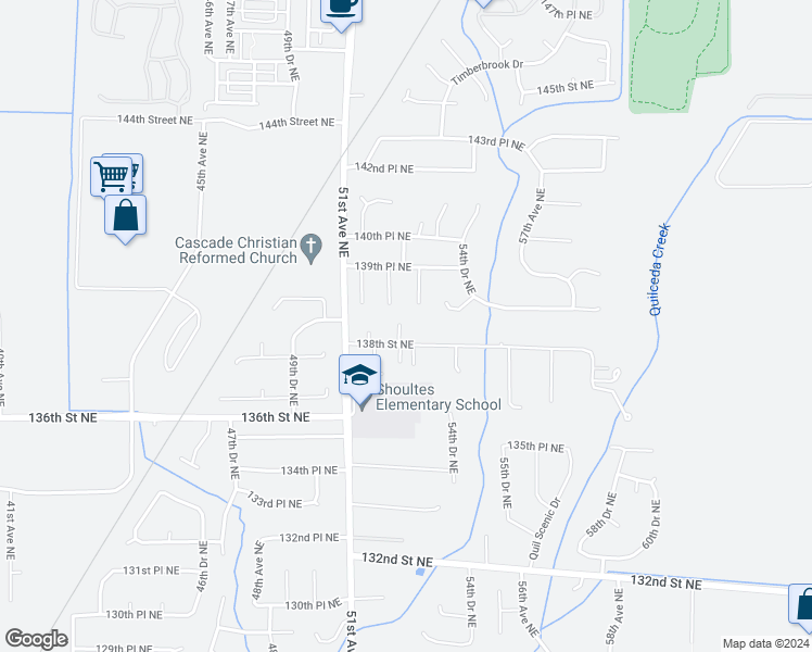 map of restaurants, bars, coffee shops, grocery stores, and more near 5225 138th Street Northeast in Marysville