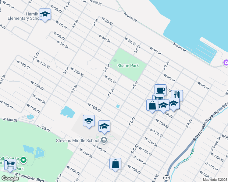 map of restaurants, bars, coffee shops, grocery stores, and more near 1232 West 9th Street in Port Angeles