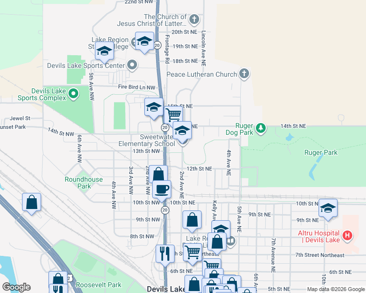 map of restaurants, bars, coffee shops, grocery stores, and more near 1304 2nd Avenue Northeast in Devils Lake