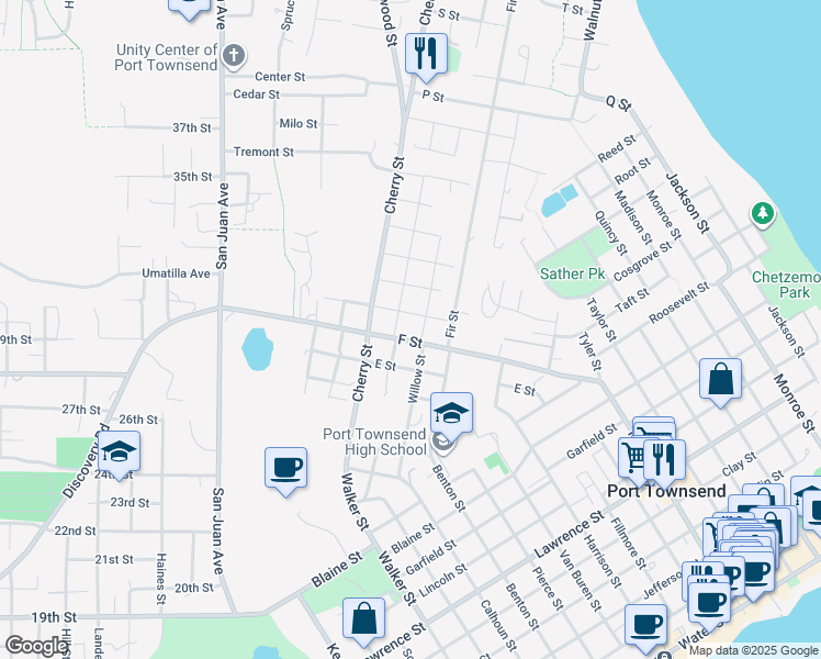 map of restaurants, bars, coffee shops, grocery stores, and more near 718 F Street in Port Townsend