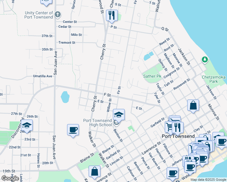 map of restaurants, bars, coffee shops, grocery stores, and more near 809 Fir Street in Port Townsend