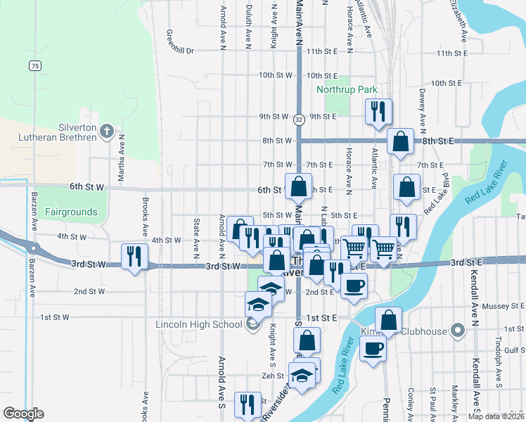 map of restaurants, bars, coffee shops, grocery stores, and more near 504 Knight Avenue North in Thief River Falls