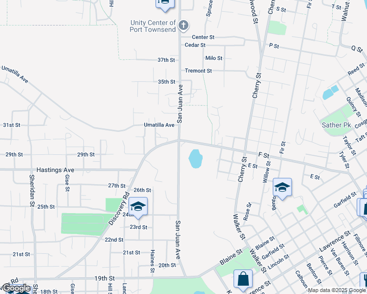 map of restaurants, bars, coffee shops, grocery stores, and more near 1445 F Street in Port Townsend