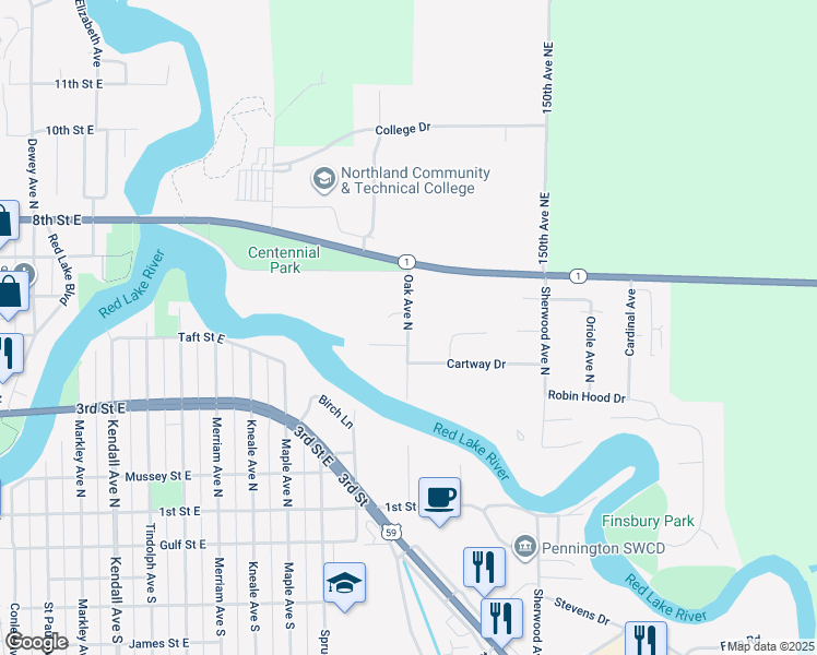 map of restaurants, bars, coffee shops, grocery stores, and more near 306 Oak Avenue North in Thief River Falls
