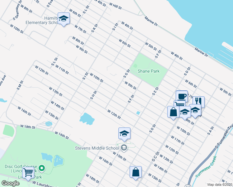 map of restaurants, bars, coffee shops, grocery stores, and more near 1005 South G Street in Port Angeles