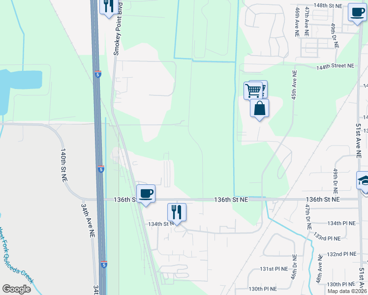 map of restaurants, bars, coffee shops, grocery stores, and more near 40th Ave NE in Marysville