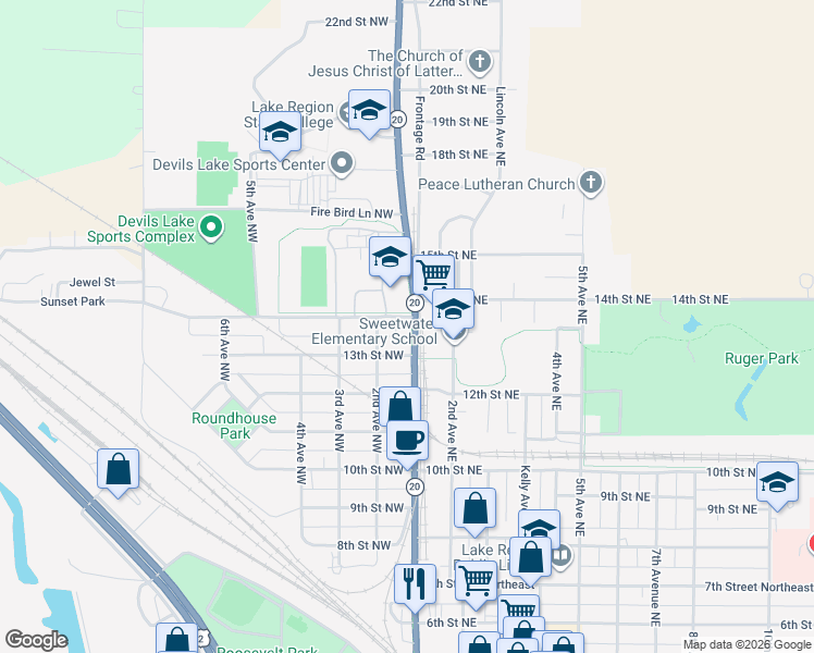 map of restaurants, bars, coffee shops, grocery stores, and more near 102 14th Street Northwest in Devils Lake
