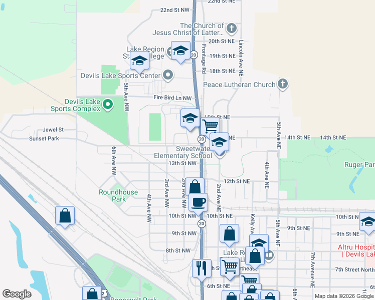 map of restaurants, bars, coffee shops, grocery stores, and more near 102 14th Street Northwest in Devils Lake