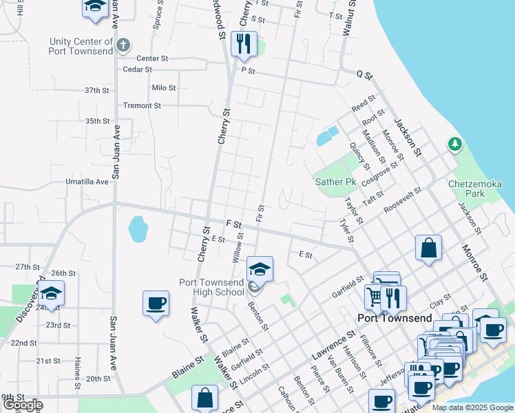 map of restaurants, bars, coffee shops, grocery stores, and more near 809 Fir Street in Port Townsend