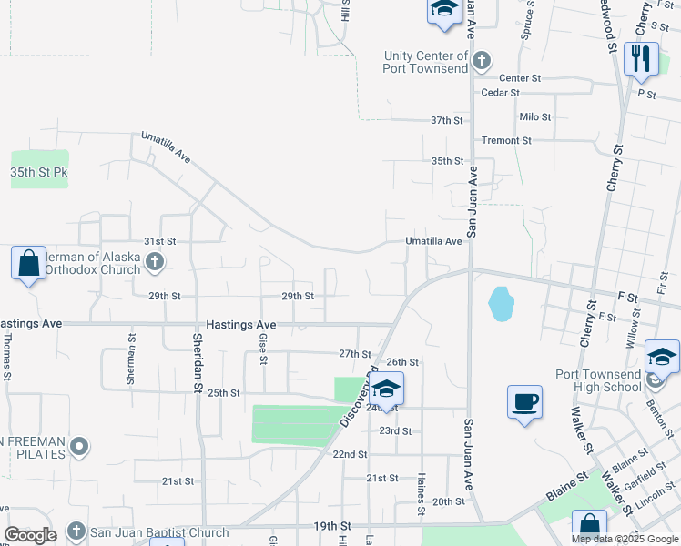 map of restaurants, bars, coffee shops, grocery stores, and more near 2910 Kimball Court in Port Townsend
