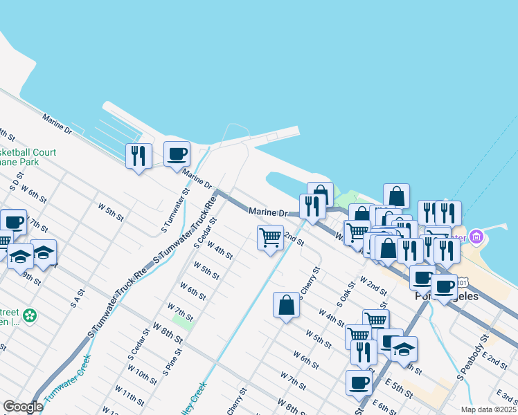 map of restaurants, bars, coffee shops, grocery stores, and more near 439 Marine Drive in Port Angeles