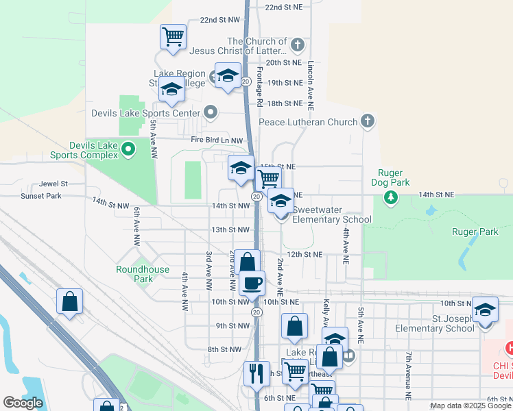 map of restaurants, bars, coffee shops, grocery stores, and more near 1401 College Drive North in Devils Lake