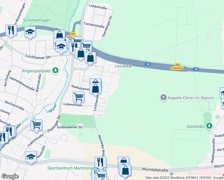 map of restaurants, bars, coffee shops, grocery stores, and more near 16 Am Haag in Gräfelfing
