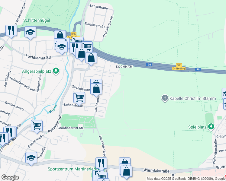 map of restaurants, bars, coffee shops, grocery stores, and more near 16 Am Haag in Gräfelfing