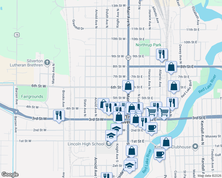map of restaurants, bars, coffee shops, grocery stores, and more near 519 5th Street East in Thief River Falls
