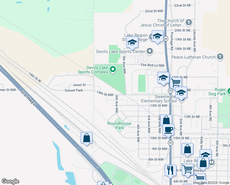 map of restaurants, bars, coffee shops, grocery stores, and more near 6th Avenue Northwest in Devils Lake