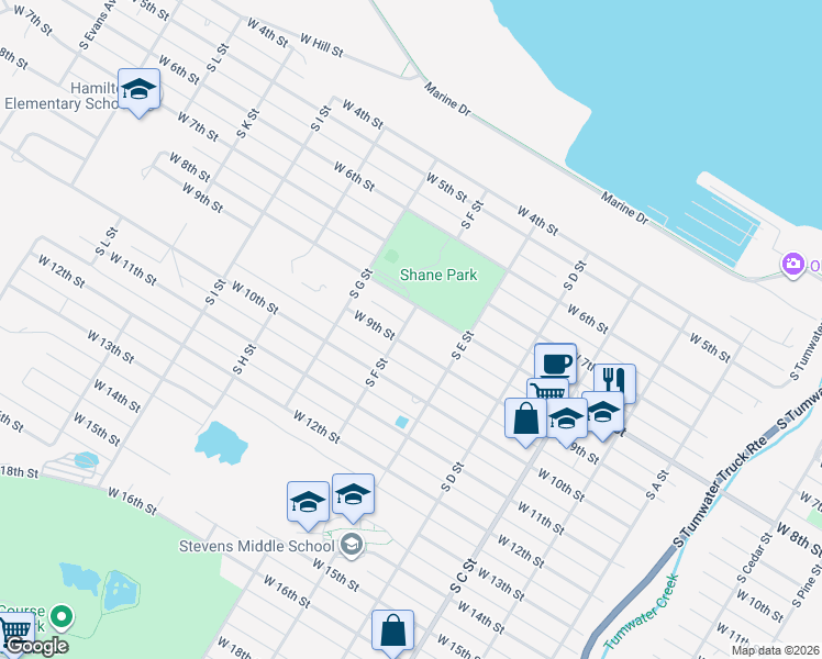 map of restaurants, bars, coffee shops, grocery stores, and more near 1232 West 9th Street in Port Angeles
