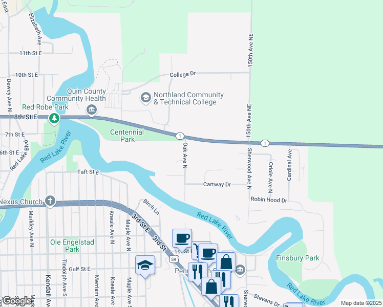 map of restaurants, bars, coffee shops, grocery stores, and more near 306 Oak Avenue North in Thief River Falls