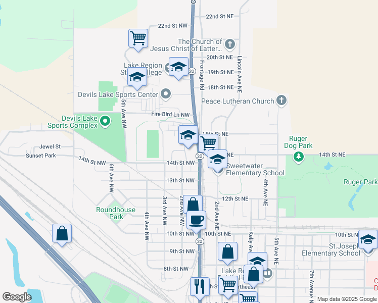 map of restaurants, bars, coffee shops, grocery stores, and more near 1401 College Drive North in Devils Lake