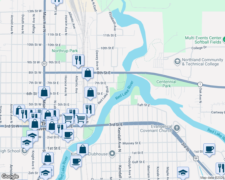 map of restaurants, bars, coffee shops, grocery stores, and more near 624 Red Lake Boulevard in Thief River Falls