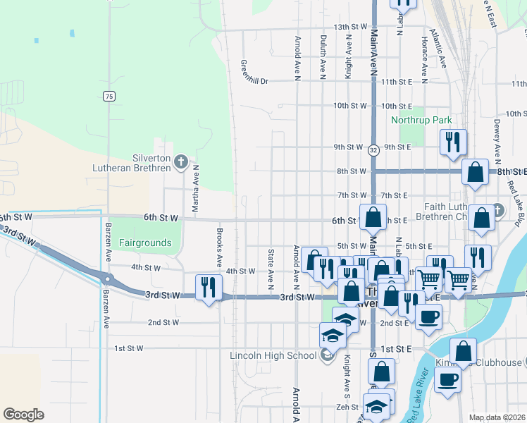 map of restaurants, bars, coffee shops, grocery stores, and more near 620 State Avenue North in Thief River Falls