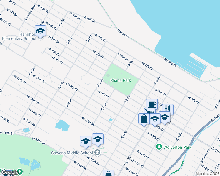 map of restaurants, bars, coffee shops, grocery stores, and more near 1310 West 8th Street in Port Angeles