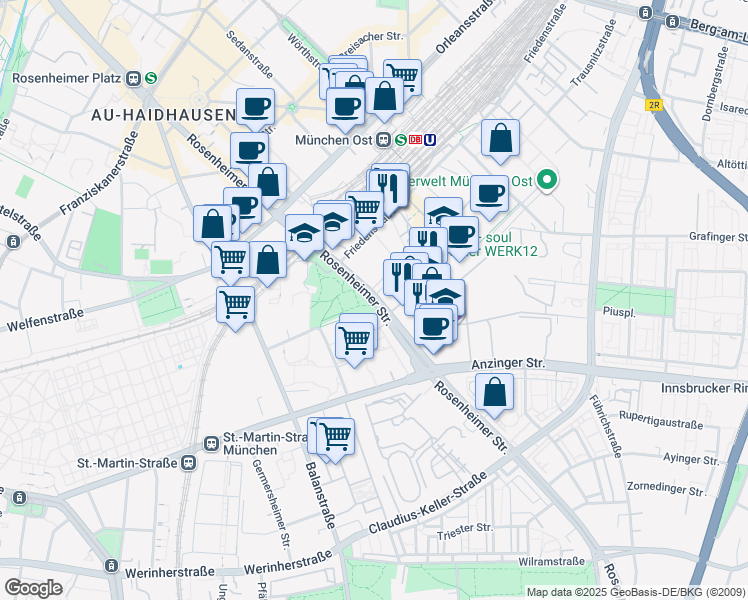 map of restaurants, bars, coffee shops, grocery stores, and more near Rosenheimer Straße in München