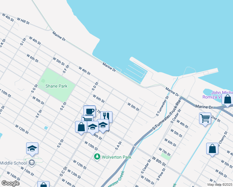 map of restaurants, bars, coffee shops, grocery stores, and more near 929 West 5th Street in Port Angeles